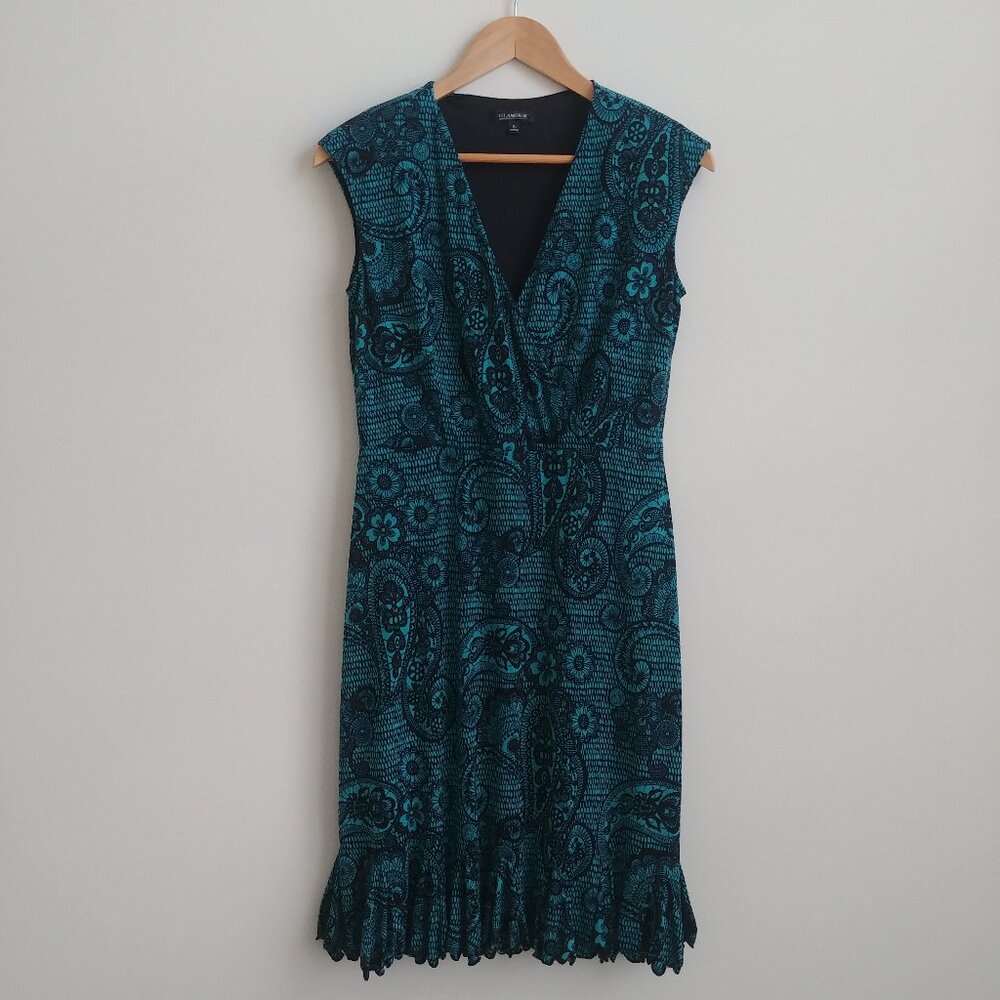 4/$20 Turquoise blue with black pattern ruffle bottom stretch sleeveless dress 6